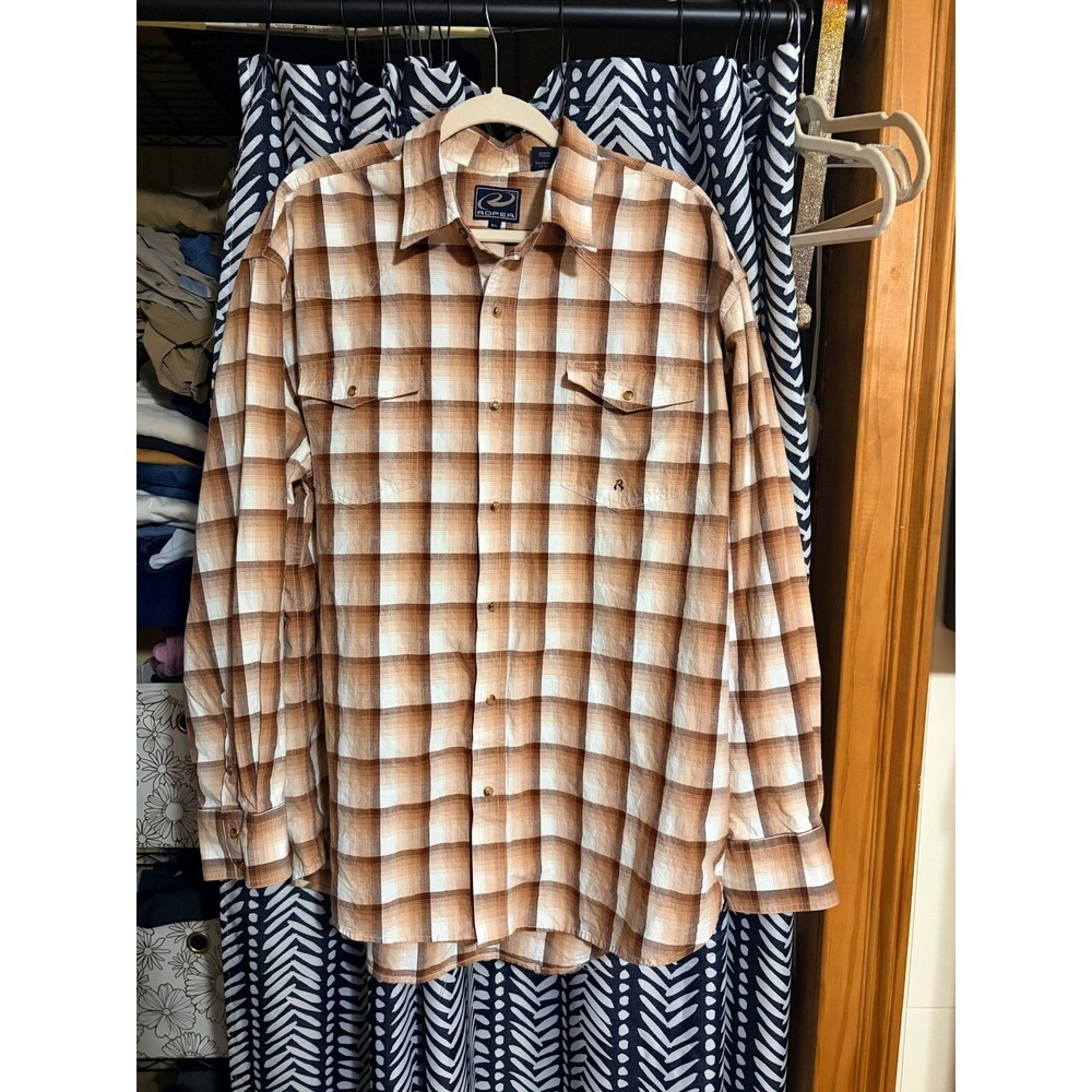 Roper Mens 2XL Brown Plaid Western Snap Button Long Sleeve Cotton Shirt